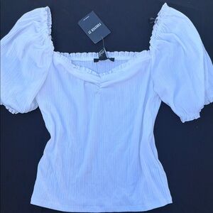 Forever 21 White Puff-Sleeve Ribbed Square-Neck Blouse Large